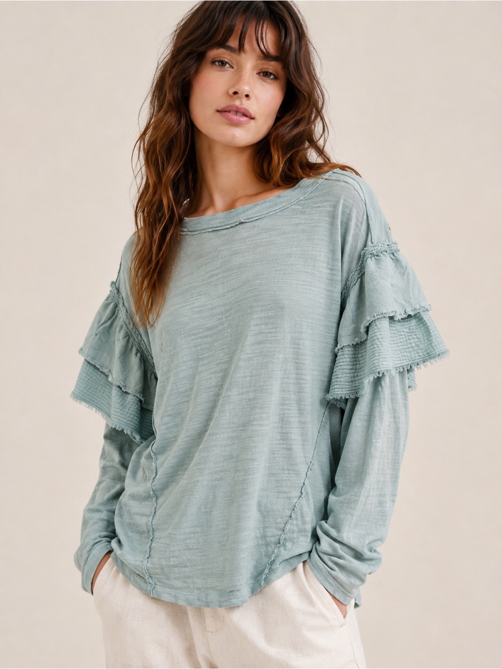 Free People We The Free Ruffle Sleeve Top – Light Blue – XS